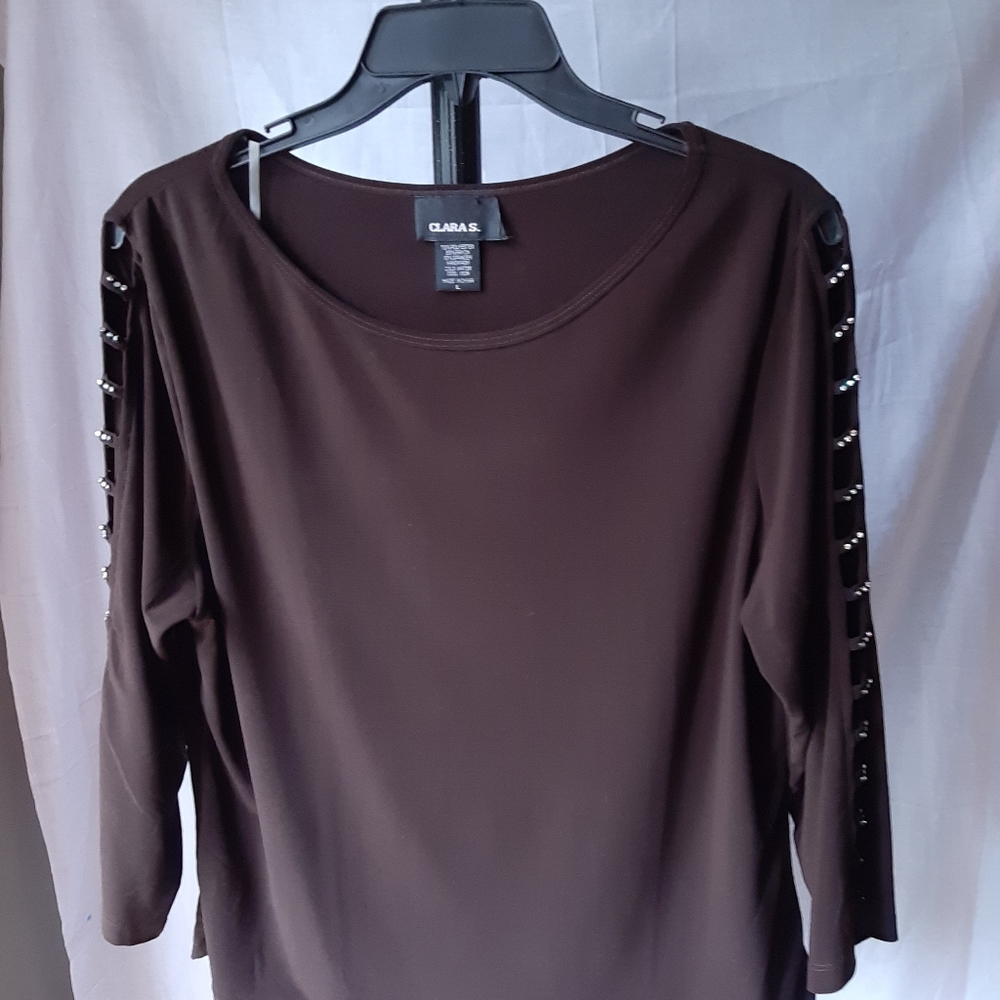 Clara S. Brown shirt Gems on sleeves